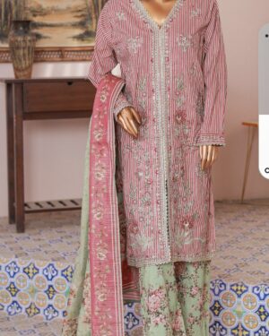 BE004 Binsaeed 3Pc Stitched Embroidered Suit